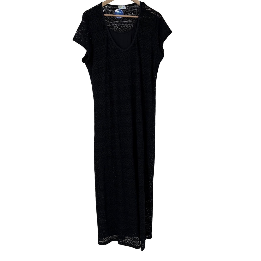 Swim 365 Womens Black Crochet Maxi Dress Swim Cover Up V-Neck Size 16‎
